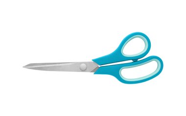 Keskin paslanmaz çelik bıçaklar ve ergonomik kabzalı, beyaz arka planda kapalı konumda bir makas. Temiz ve izole tasarım ile ofis veya zanaat kullanımı için ideal.