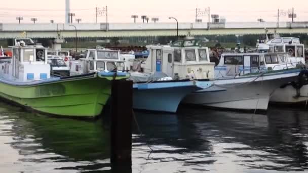 Silencio Del Puerto Atardecer Los Pequeños Barcos Puerto Balanceándose Las — Vídeos de Stock