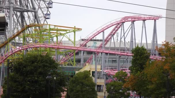 Roller Coasters Rotating Ferris Wheels Gondolas Gulf Redevelopment Area Yokohama — Stock Video