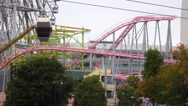 Roller Coasters Rotating Ferris Wheels Gondolas Gulf Redevelopment Area Yokohama — Wideo stockowe