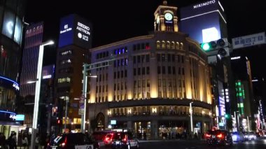 November 05, 2022: Night view of the gorgeous clock tower in the glamorous city of Tokyo Ginza, Tokyo, Japan