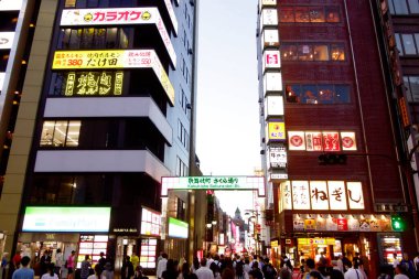 Shinjuku, Tokyo, Japonya - 3 Ağustos 2023: Dünyaca ünlü Shinjuku Doğu Çıkışı, Kabukicho, neon aydınlatmaları ve Tokyo 'nun hareketli eğlence bölgesinde yürüyen insanlar.