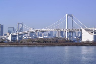 12 / 31 / 2019, Odaiba Sahil Parkı 'ndan görülen Gökkuşağı Köprüsü, Tokyo, Japonya