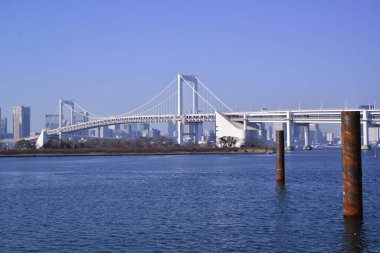 12 / 31 / 2019, Odaiba Sahil Parkı 'ndan görülen Gökkuşağı Köprüsü, Tokyo, Japonya