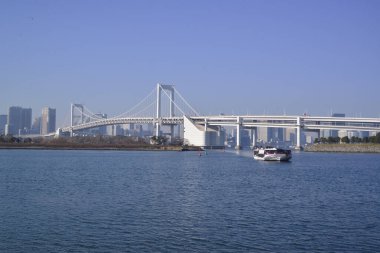 12 / 31 / 2019, Odaiba Sahil Parkı 'ndan görülen Gökkuşağı Köprüsü, Tokyo, Japonya