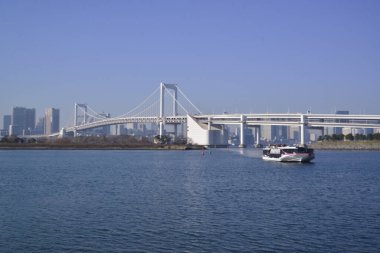 12 / 31 / 2019, Odaiba Sahil Parkı 'ndan görülen Gökkuşağı Köprüsü, Tokyo, Japonya