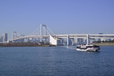 12 / 31 / 2019, Odaiba Sahil Parkı 'ndan görülen Gökkuşağı Köprüsü, Tokyo, Japonya