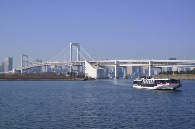12 / 31 / 2019, Odaiba Sahil Parkı 'ndan görülen Gökkuşağı Köprüsü, Tokyo, Japonya