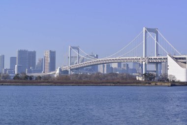 12 / 31 / 2019, Tokyo, Japonya. Gökkuşağı Köprüsü Tokyo Körfezi Odaiba Sahil Parkı 'ndan görünüyor.
