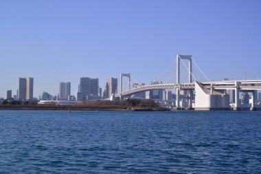 12 / 31 / 2019, Tokyo, Japonya. Gökkuşağı Köprüsü Tokyo Körfezi Odaiba Sahil Parkı 'ndan görünüyor.