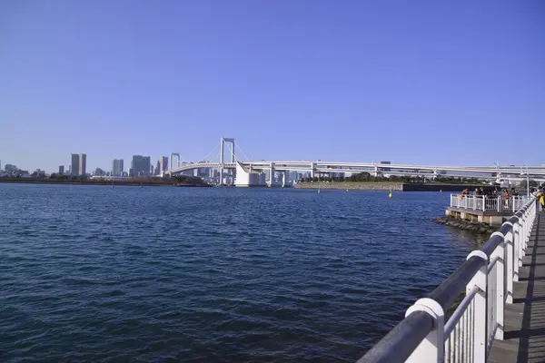 12 / 31 / 2019, Tokyo, Japonya. Gökkuşağı Köprüsü Tokyo Körfezi Odaiba Sahil Parkı 'ndan görünüyor.