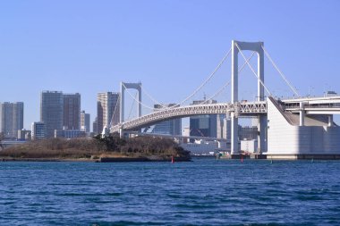 12 / 31 / 2019, Tokyo, Japonya. Gökkuşağı Köprüsü Tokyo Körfezi Odaiba Sahil Parkı 'ndan görünüyor.