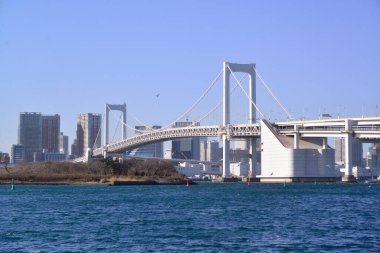 12 / 31 / 2019, Tokyo, Japonya. Gökkuşağı Köprüsü Tokyo Körfezi Odaiba Sahil Parkı 'ndan görünüyor.