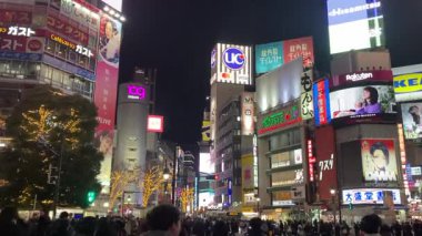 Tokyo, Japonya, Shibuya İstasyonu Scramble Geçidi, kalabalık ve gürültülü gece görüşü