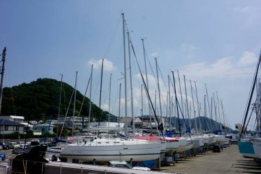    08 / 14 / 2020, Hayama Marina, Kanagawa Bölgesi, Japonya, Ağustos ayı ortasında marina sahnesi                            