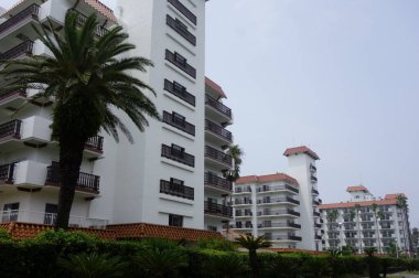 Zushi Şehri, Kanagawa Bölgesi, Japonya, 8 Ağustos 2020: Zushi Marina 'nın yanında bulunan tropik ve şık bir apartman dairesi                          