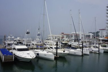    Hayama Kasabası, Kanagawa Bölgesi, Japonya, 8 Ağustos 2020: Hayama Marina Yat Limanı 'na demirlemiş tekne ve yatlar                            