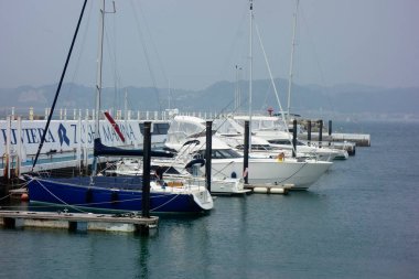    Hayama Kasabası, Kanagawa Bölgesi, Japonya, 8 Ağustos 2020: Hayama Marina Yat Limanı 'na demirlemiş tekne ve yatlar                            