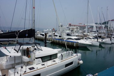 Zushi Şehri, Kanagawa Bölgesi, 8 Ağustos 2020: Zushi Marina 'ya demirlemiş yatlarla birlikte yaz ortası liman sahnesi                           