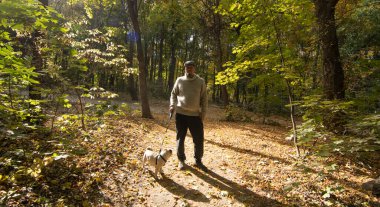 man in the park dog pug