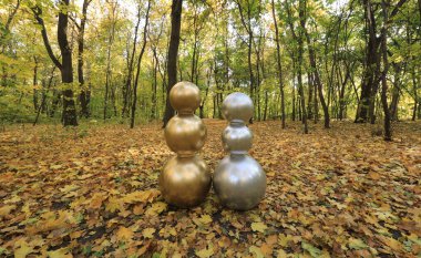 autumn forest with fallen leaves,decorative golden balls