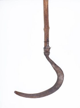 halloween rusty scythe isolated on white background