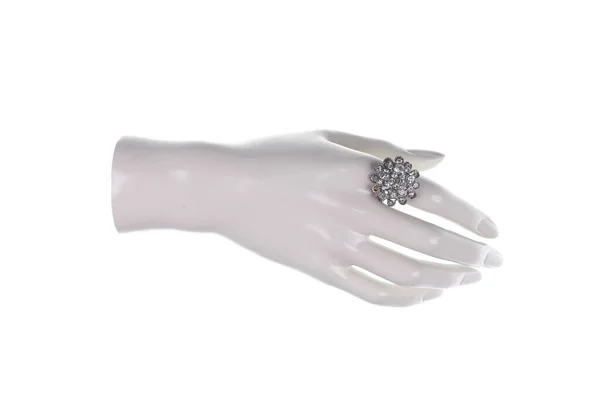 Mannequin Hand Met Sieraden Ring Geïsoleerd Witte Achtergrond — Stockfoto