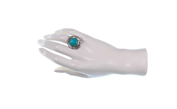 Skyltdocka Hand Med Smycken Ring Isolerad Vit Bakgrund — Stockfoto