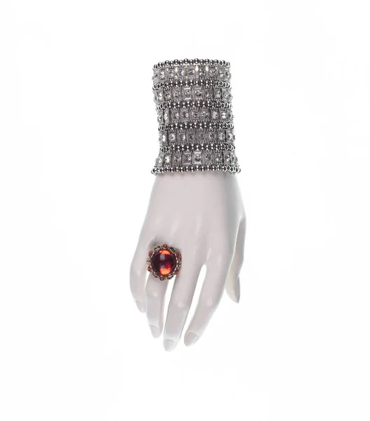 Skyltdocka Hand Med Smycken Armband Isolerad Vit Bakgrund — Stockfoto