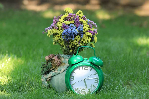 Bir Buket Yabani Çiçek Çimlerin Üzerinde Bir Çalar Saat — Stok fotoğraf