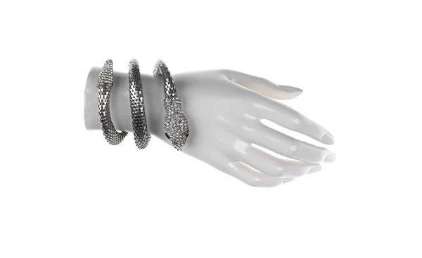 Skyltdocka Hand Med Smycken Armband Isolerad Vit Bakgrund — Stockfoto