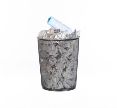 office bin with paper trash isolated on white background