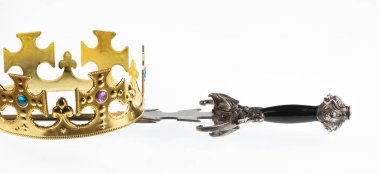 crown and knight sword isolated on white background