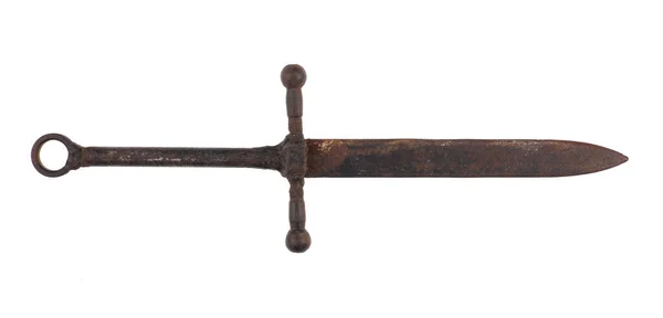 Starożytny Zardzewiały Żelazny Miecz Rycerski Odizolowany Białym Tle — Zdjęcie stockowe