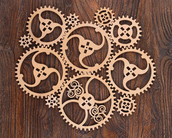 Wooden Gears Mechanism Wooden Background — Stock Photo, Image