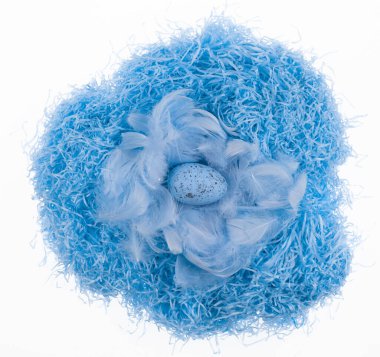 Mavi arka planda tüylü Paskalya yumurtaları olan mavi yuva