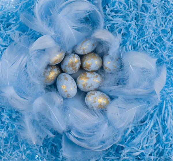 青い背景に羽を持つイースターエッグの青い巣 — ストック写真
