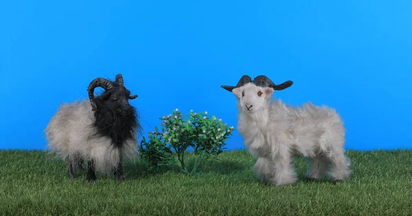 草の上のおもちゃのヤギとヤギ — ストック写真