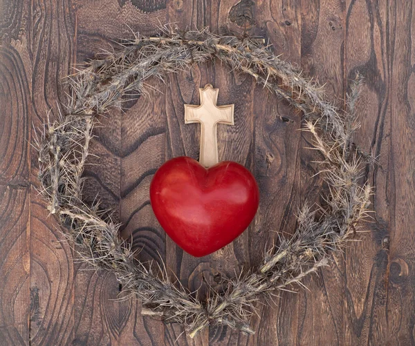 Hart Van Jezus Doornenkroon Houten Kruis — Stockfoto