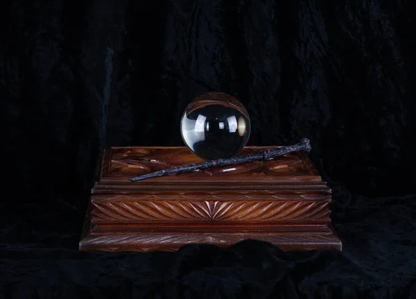 Magický Míč Kouzelná Hůlka Dřevěná Krabice — Stock fotografie