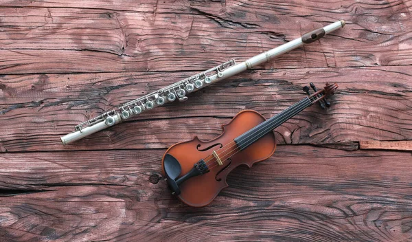 Violino Flauto Tavolo Legno Rosso — Foto Stock