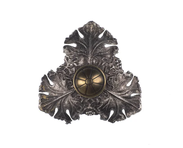 Kovové Stříbrné Květinové Dekorativní Detail Izolované Bílém Pozadí — Stock fotografie