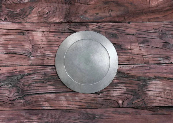 Iron Forged Shield Wooden Background — Stock Photo, Image