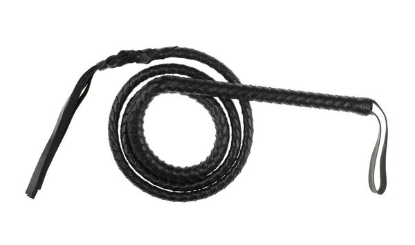 black leather whip isolated on white background