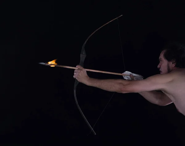 Archer Shoots Flaming Arrow Bow — Stock Photo, Image