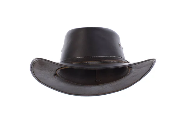 Vintage Μαύρο Δερμάτινο Καουμπόικο Καπέλο Απομονωμένο Λευκό Φόντο — Φωτογραφία Αρχείου