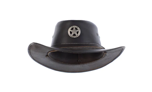 Black Leather Sheriff Hat Isolated White Background — Stock Photo, Image