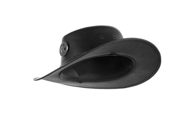 Μαύρο Δερμάτινο Καπέλο Σερίφη Απομονωμένο Λευκό Φόντο — Φωτογραφία Αρχείου