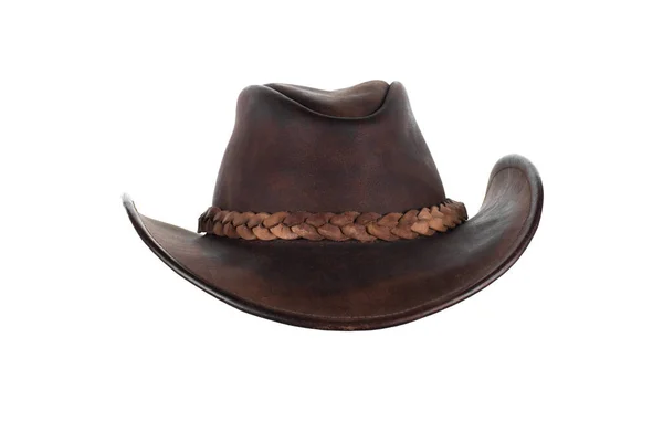Old Leather Brown Cowboy Hat Isolated White Background — Stock Photo, Image