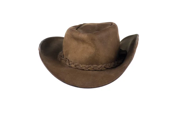 Old Crumpled Leather Cowboy Hat Isolated White Background — Stock Photo, Image